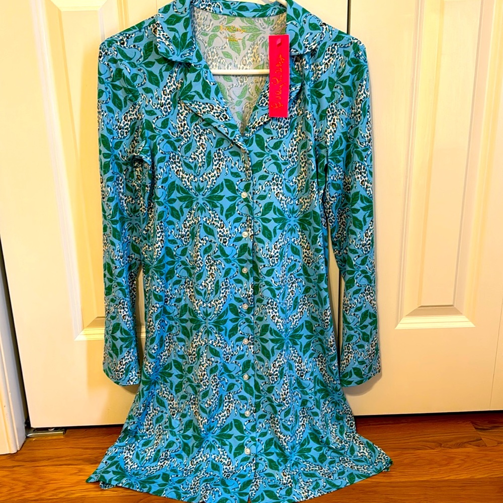 NWT lilly pulitzer chilton pj nightshirt bon bon blue leapin leopards xs